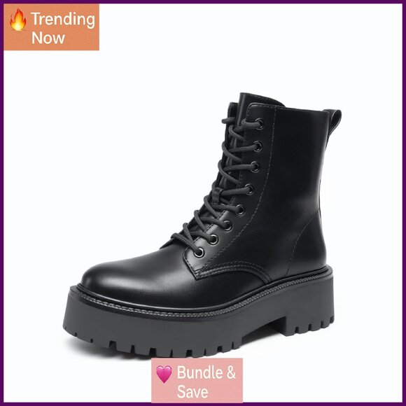Women's Platform Combat Boots Lug Sole Lace-Up Side Zipper Ankle Booties